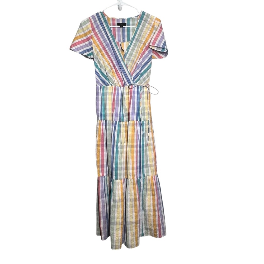 J.Crew Faux-wrap Dress Midi Rainbow Striped Tiered Womens Size 00 Side Zip